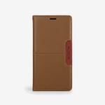 Samsung Galaxy brown leather-look wallet case with stitched edges and a contrasting red side closure tab