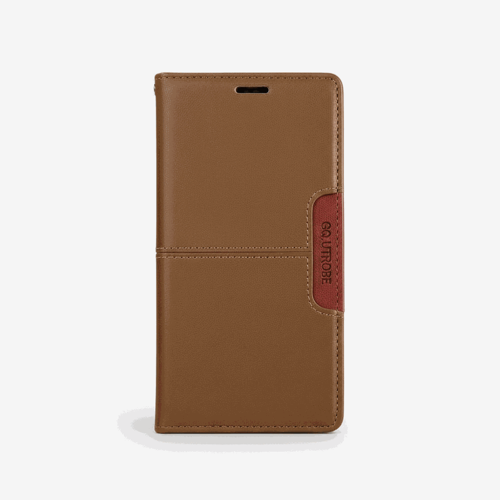 Samsung Galaxy brown leather-look wallet case with stitched edges and a contrasting red side closure tab