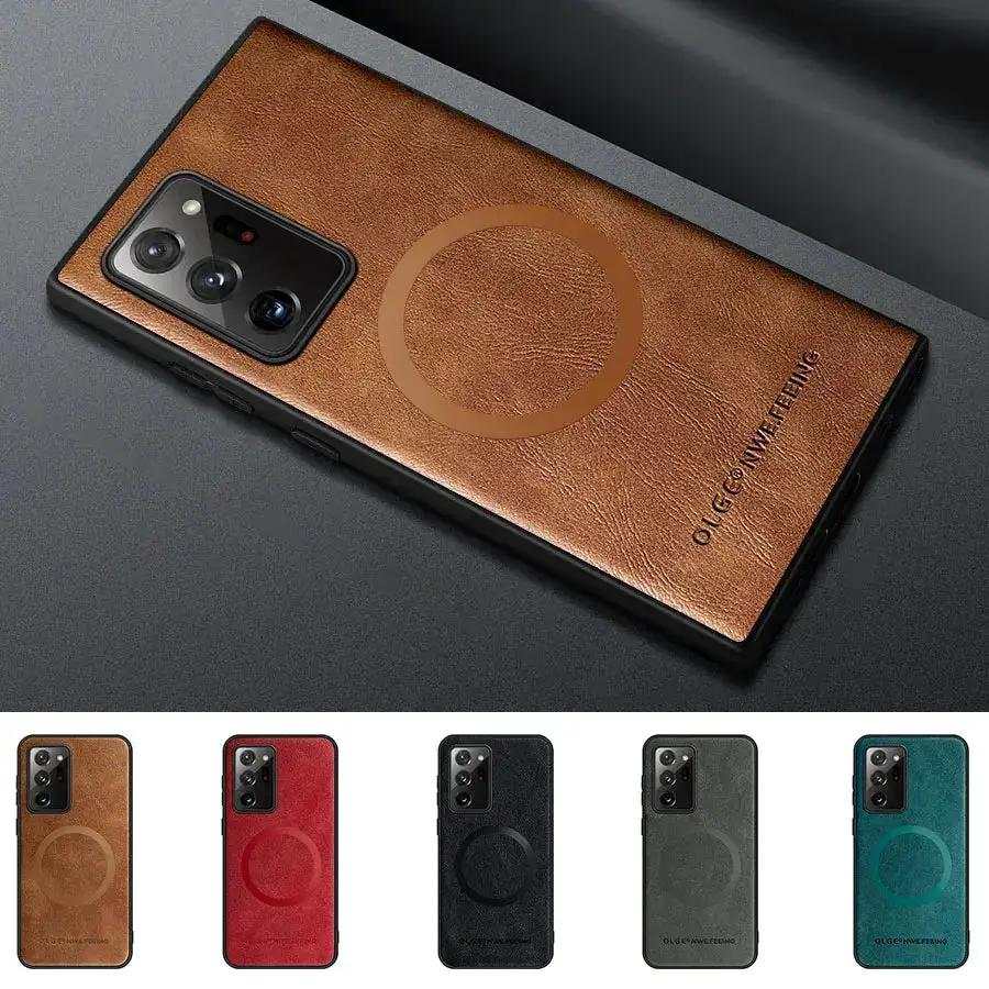 Samsung Galaxy phone case with a brown textured leather-look back, black protective edges, and a circular ring detail