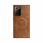 Samsung Galaxy phone case in brown textured leather-look material with a black protective frame and circular ring
