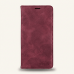 Samsung Galaxy flip case in burgundy textured leather-look material with stitched edges and a slim earpiece slot