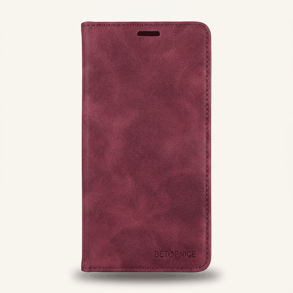 Samsung Galaxy flip case in burgundy textured leather-look material with stitched edges and a slim earpiece slot