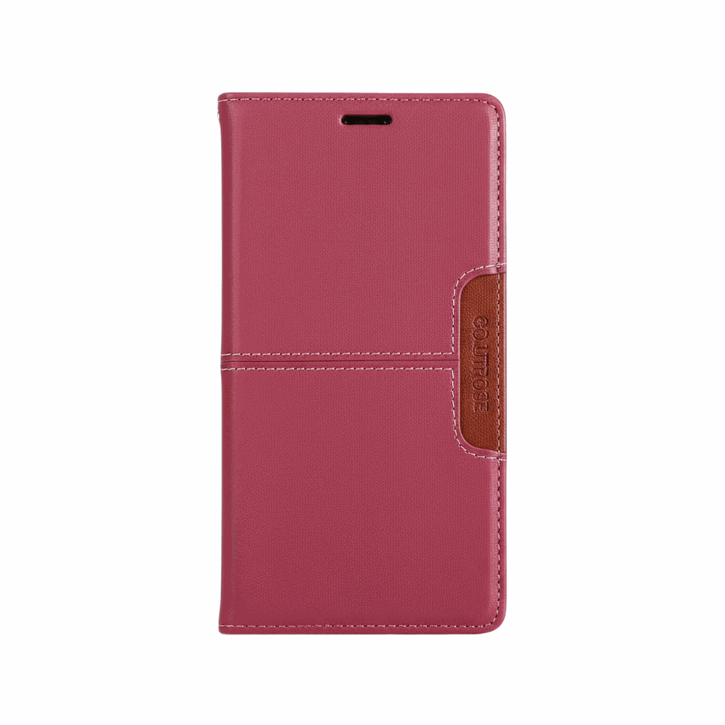 Samsung Galaxy wallet case in burgundy leather-look material with contrast stitching and a brown magnetic closure tab