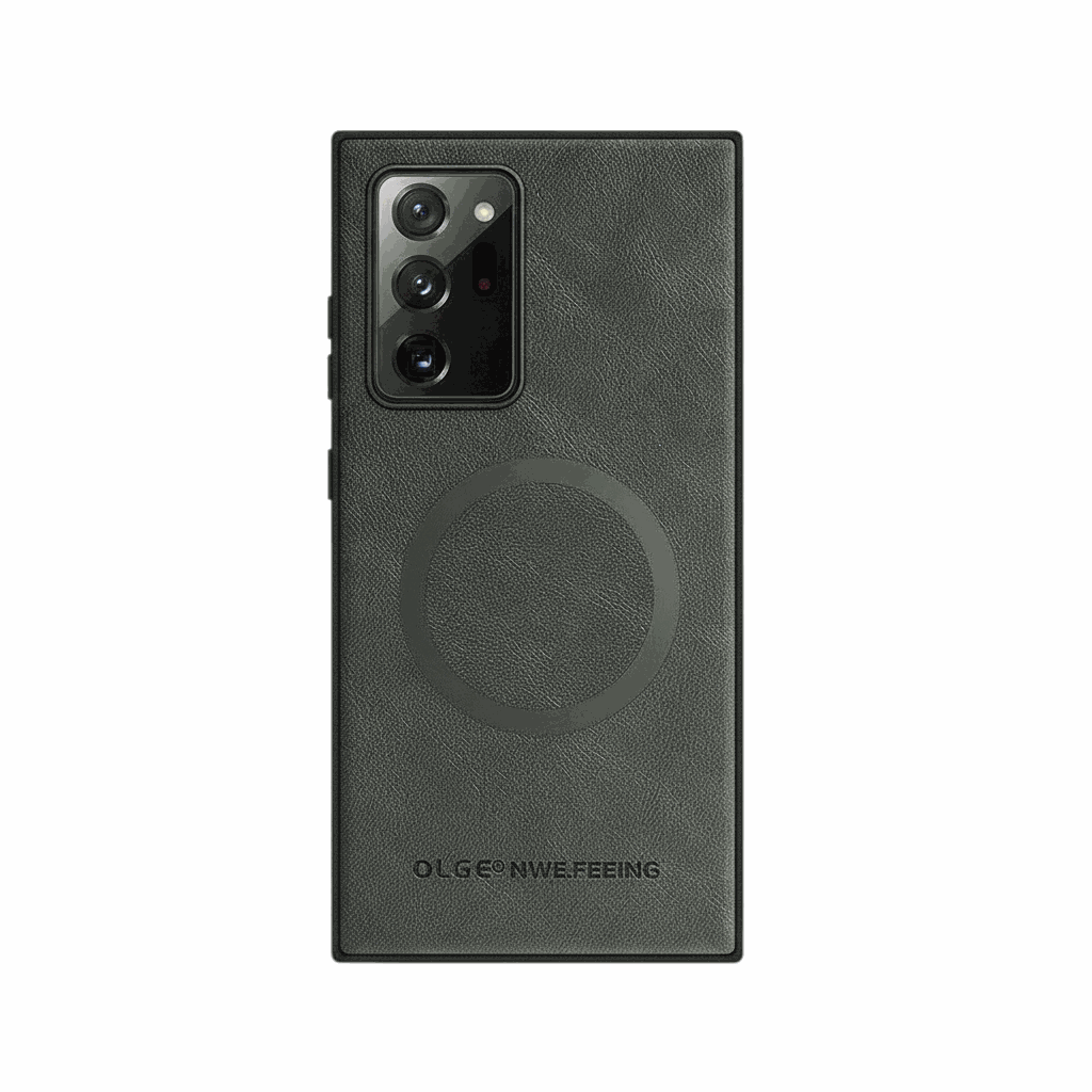 Samsung Galaxy rugged phone case in dark charcoal textured leather-look material with a circular magnetic ring and raised camera bezel