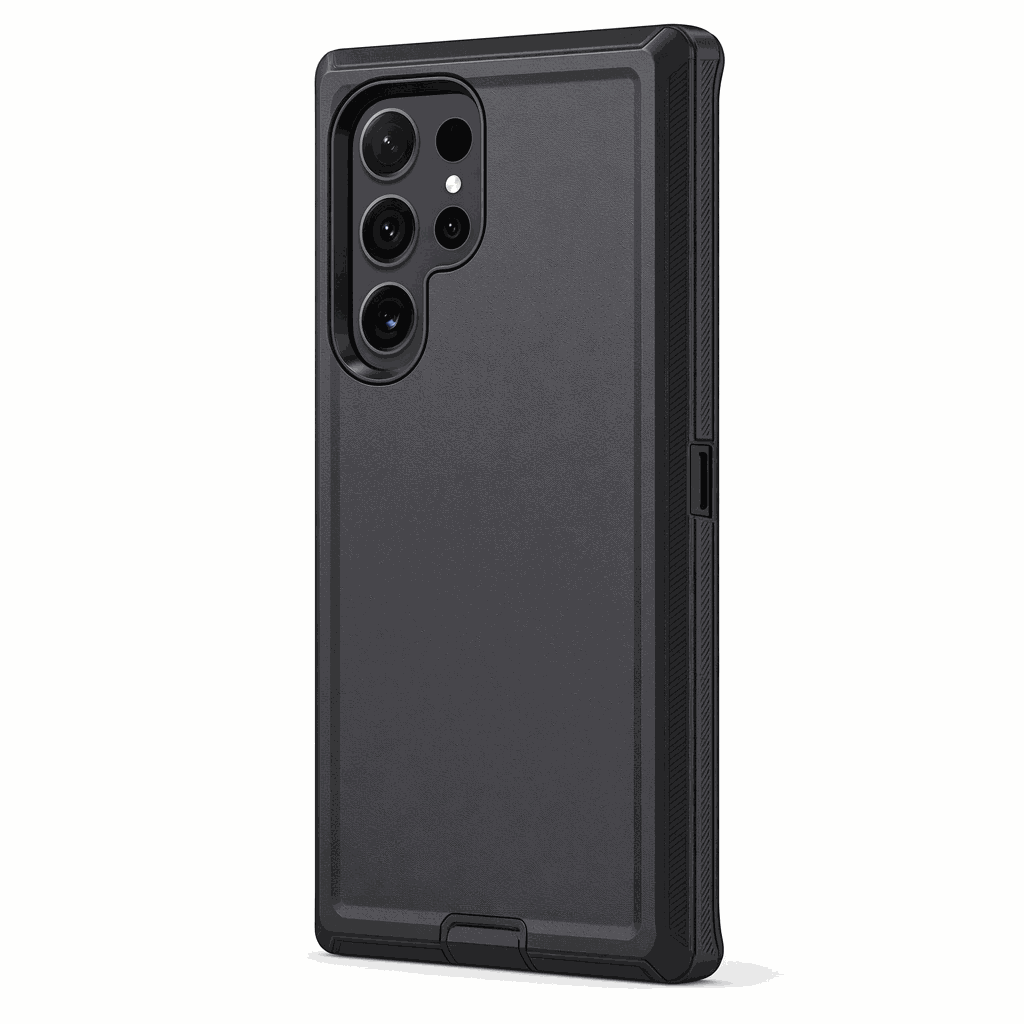 Samsung Galaxy rugged phone case in charcoal black with a textured back, reinforced edges and raised camera surround