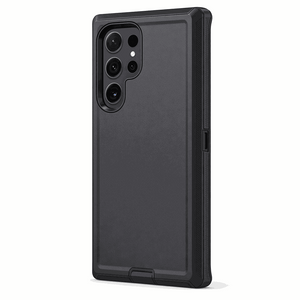 Samsung Galaxy rugged phone case in charcoal black with a textured back, reinforced edges and raised camera surround