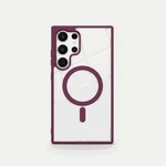 Samsung Galaxy clear acrylic phone case with plum purple frame, raised lens guard and circular magnetic ring