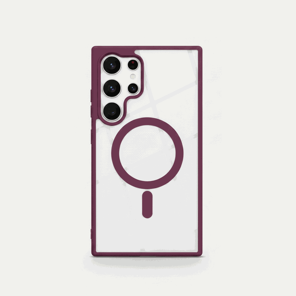 Samsung Galaxy clear acrylic phone case with plum purple frame, raised lens guard and circular magnetic ring