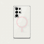 Samsung Galaxy clear case with a transparent back, silver-edged camera cutout and pale pink magnetic ring