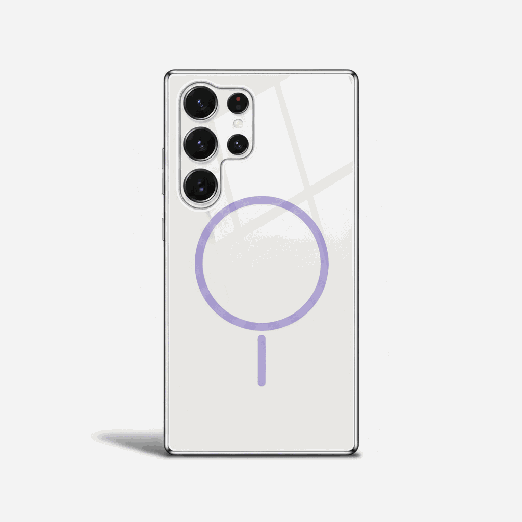 Samsung Galaxy clear protective case with a transparent back, silver edges, raised camera surrounds and purple magnetic ring