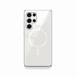 Samsung Galaxy clear protective case with a transparent back, metallic edges, and a white magnetic alignment ring
