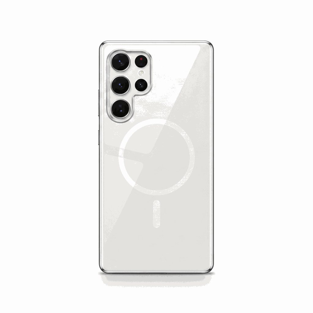 Samsung Galaxy clear protective case with a transparent back, metallic edges, and a white magnetic alignment ring