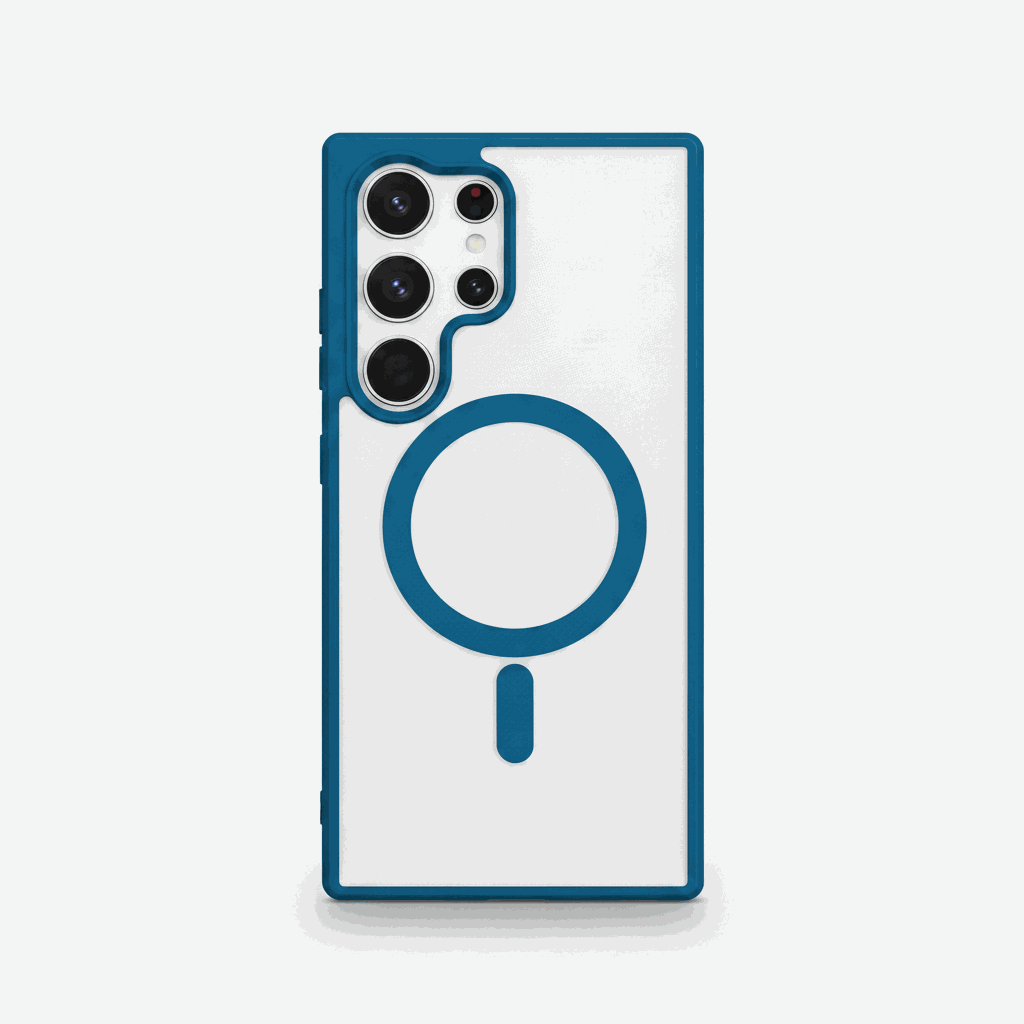 Samsung Galaxy clear magnetic phone case with a teal blue frame, circular ring, and raised multi-lens camera guard