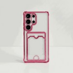 Samsung Galaxy clear silicone phone case with bright pink shockproof edges, raised camera guards and a built-in card pocket