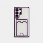 Samsung Galaxy clear silicone phone case with purple edges, triple camera protection and a built-in back card pocket