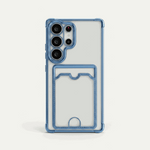 Samsung Galaxy clear silicone phone case with blue reinforced edges, raised camera bezel and integrated back card slot