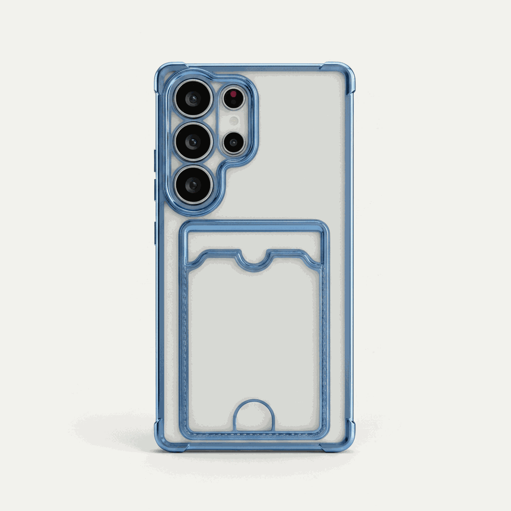 Samsung Galaxy clear silicone phone case with blue reinforced edges, raised camera bezel and integrated back card slot