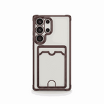 Samsung Galaxy clear silicone phone case with dark brown shockproof edges, reinforced camera rings and a built-in card pocket