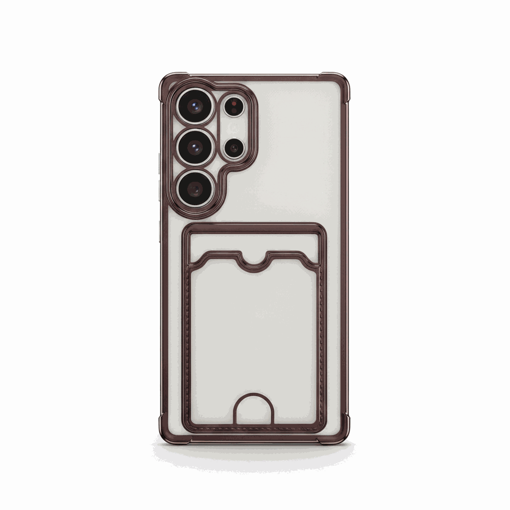 Samsung Galaxy clear silicone phone case with dark brown shockproof edges, reinforced camera rings and a built-in card pocket