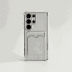 Samsung Galaxy clear silicone phone case with reinforced shockproof edges, raised camera guards and a built-in card pocket