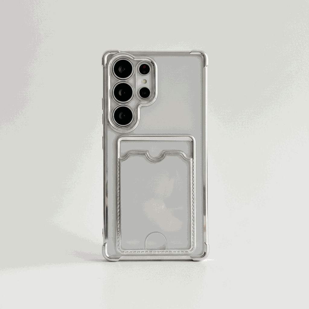 Samsung Galaxy clear silicone phone case with reinforced shockproof edges, raised camera guards and a built-in card pocket