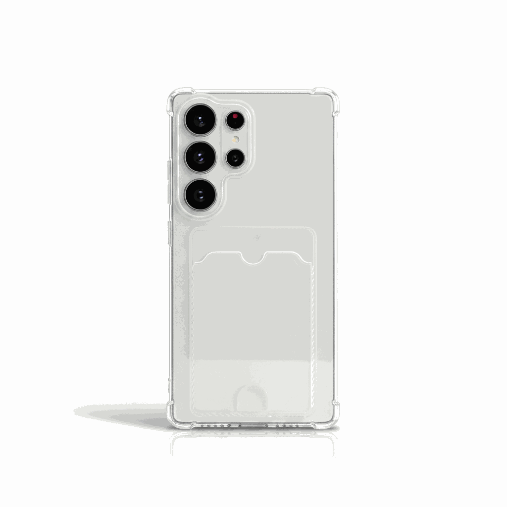 Samsung Galaxy clear silicone phone case with reinforced edges, raised camera protection and a built-in card wallet pocket