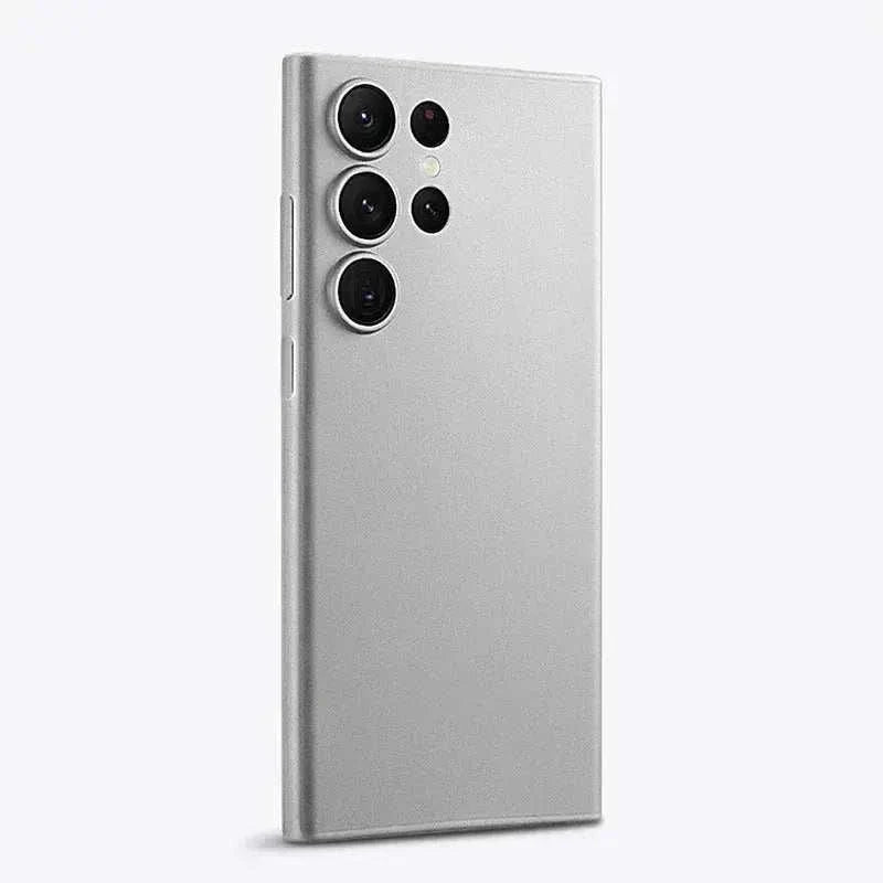 Samsung Galaxy - Contemporary phone with a silver matte finish, three prominent rear cameras and raised side buttons