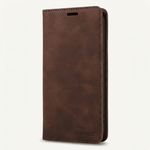 Samsung Galaxy flip case in dark brown leather-look material with stitched edges and a slim earpiece cutout