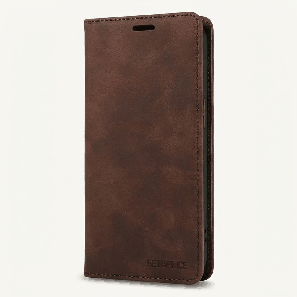 Samsung Galaxy flip case in dark brown leather-look material with stitched edges and a slim earpiece cutout