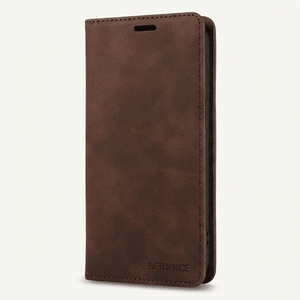 Samsung Galaxy flip case in dark brown leather-look material with stitched edges and a slim earpiece cutout