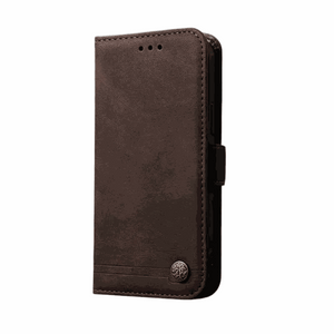 Samsung Galaxy flip wallet case in dark brown leather-look material with stitched edges, earpiece holes and metal emblem
