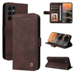 Samsung Galaxy wallet flip case in textured dark brown leather-look material with card slots, magnetic strap and kickstand