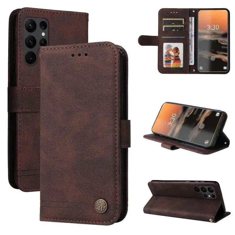 Samsung Galaxy wallet flip case in textured dark brown leather-look material with card slots, magnetic strap and kickstand