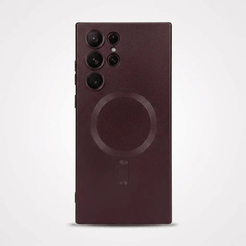 Samsung Galaxy phone case in dark burgundy with a matte textured finish, raised camera openings and magnetic ring