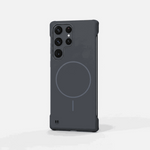 Samsung Galaxy case in dark gray with a slim matte finish, raised camera edges, and a visible magnetic charging ring
