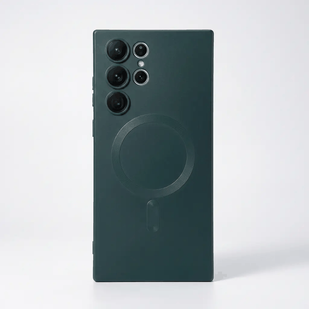 Samsung Galaxy phone case in dark teal matte finish, with a slim rectangular design and raised magnetic ring