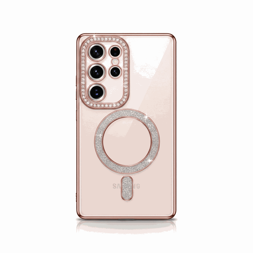 Samsung Galaxy - Diamond Glitter Clear MagSafe Case in blush pink with clear glitter detailing, a glitter-ring magnetic mount and reinforced edges
