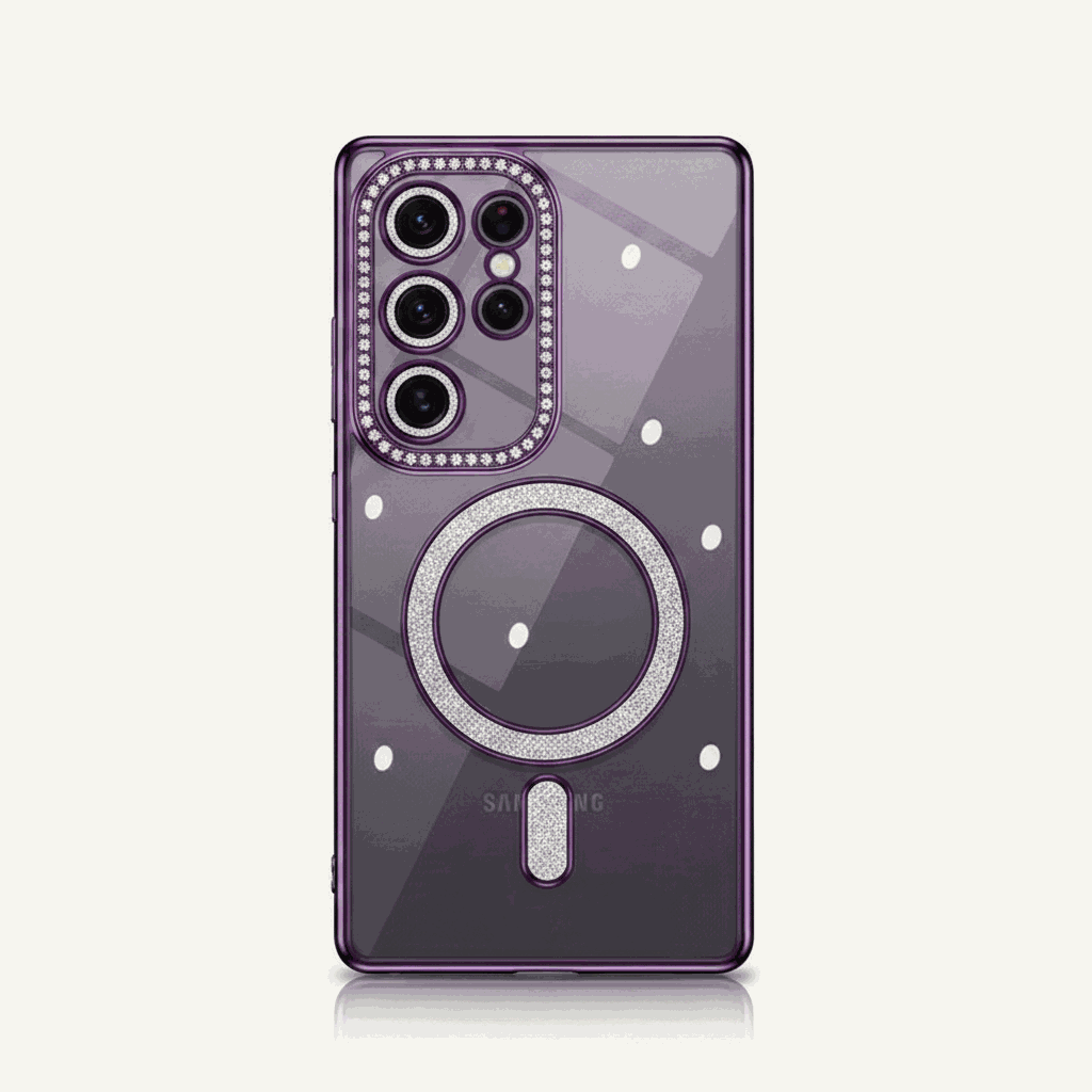 Samsung Galaxy - Diamond Glitter Clear MagSafe Case with a smoky purple transparent back, glitter trim and magnetic ring
