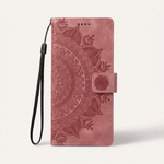 Samsung Galaxy flip case in dusty rose leather-look material with an embossed mandala pattern, wrist strap and clasp