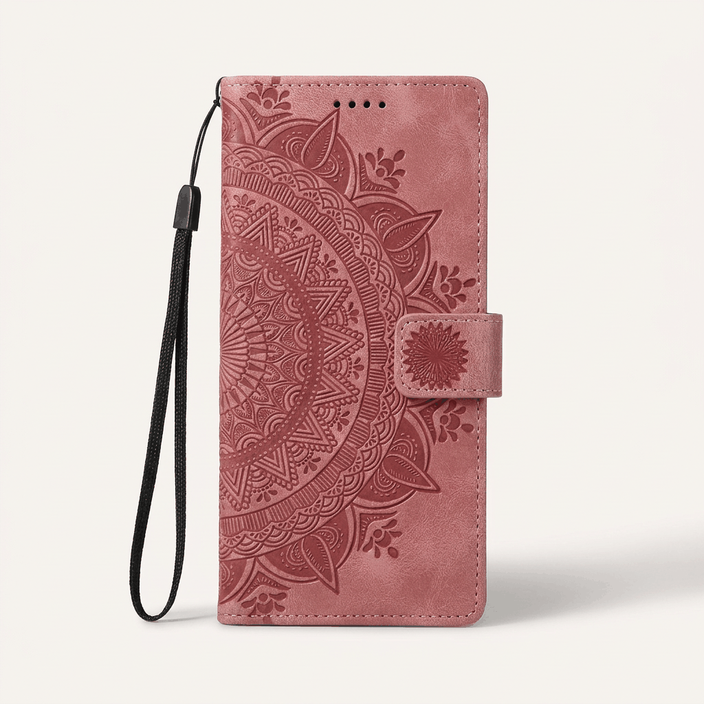Samsung Galaxy flip case in dusty rose leather-look material with an embossed mandala pattern, wrist strap and clasp