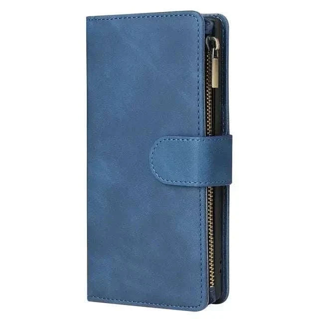 Samsung Galaxy - Flip Leather wallet case in textured blue material with a wraparound magnetic tab and side zipper