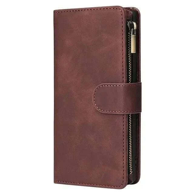 Samsung Galaxy - Flip Leather wallet case in burgundy textured material with stitched edges, magnetic strap, and side zipper