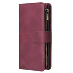 Samsung Galaxy - Flip Leather wallet case in burgundy with a smooth leather-look finish, magnetic strap and side zipper