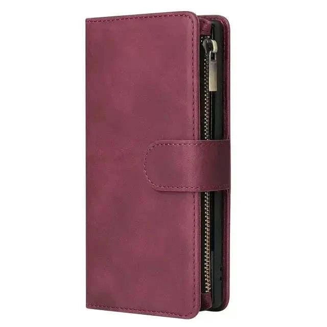 Samsung Galaxy - Flip Leather wallet case in burgundy with a smooth leather-look finish, magnetic strap and side zipper
