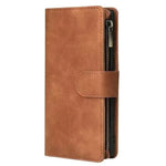 Samsung Galaxy - Flip Leather wallet case in tan textured material with stitched edges, magnetic strap and side zipper