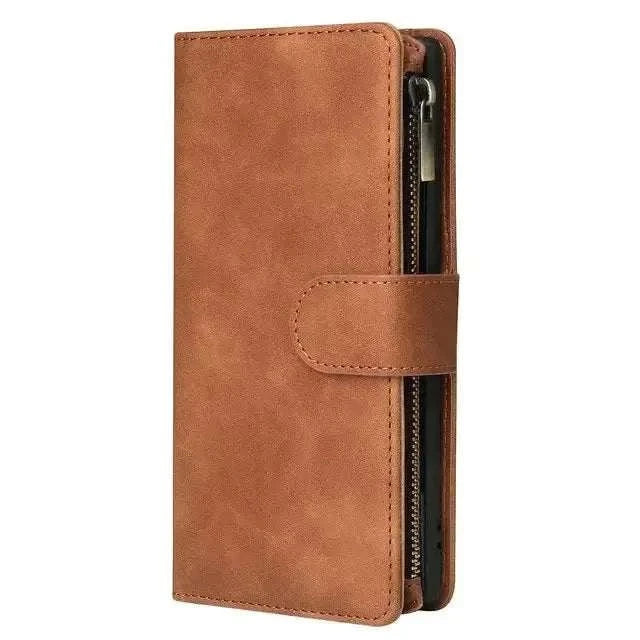 Samsung Galaxy - Flip Leather wallet case in tan textured material with stitched edges, magnetic strap and side zipper
