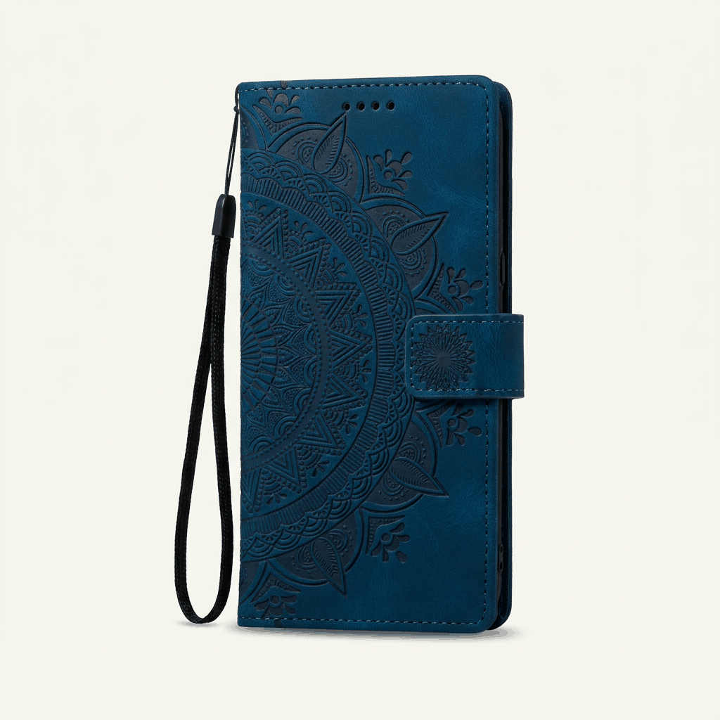 Samsung Galaxy - Flip Wallet case in deep blue textured leather-look material with ornate embossed floral pattern and wrist strap