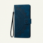 Samsung Galaxy - Flip Wallet case in deep blue textured leather-look material with ornate embossed floral pattern and wrist strap