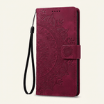 Samsung Galaxy - Flip Wallet in burgundy leather-look material with an embossed floral mandala pattern and wrist strap