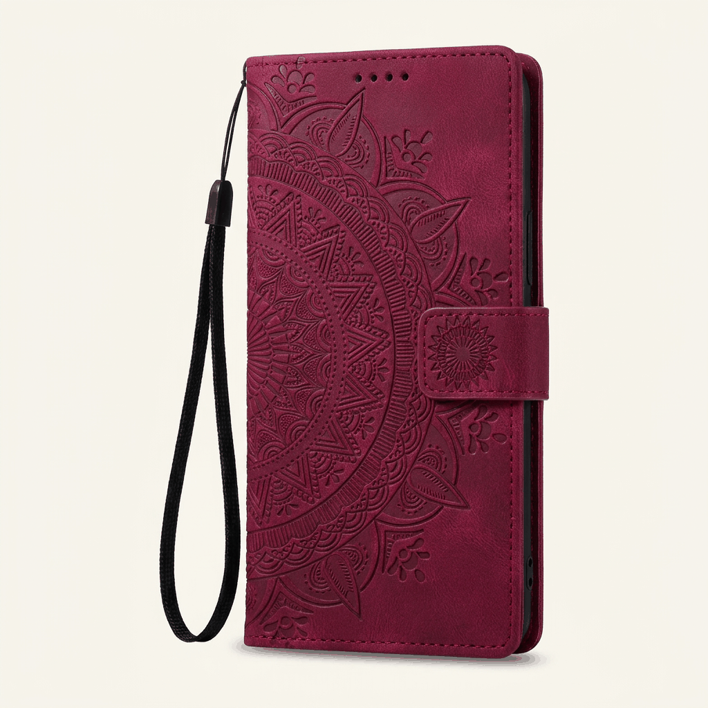 Samsung Galaxy - Flip Wallet in burgundy leather-look material with an embossed floral mandala pattern and wrist strap